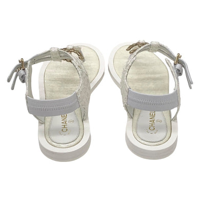 Chanel CHANEL sandals, shoes, fabric, white, unused, tweed, coco mark, stone, tong sandals, flat sandals