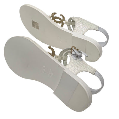 Chanel CHANEL sandals, shoes, fabric, white, unused, tweed, coco mark, stone, tong sandals, flat sandals