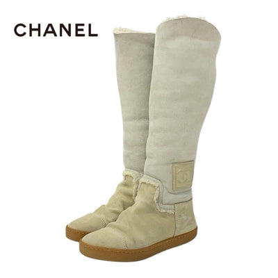 Chanel CHANEL boots, long boots, shoes, suede, beige, sheepskin boots, Coco Mark