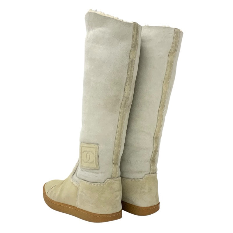 Chanel CHANEL boots, long boots, shoes, suede, beige, sheepskin boots, Coco Mark