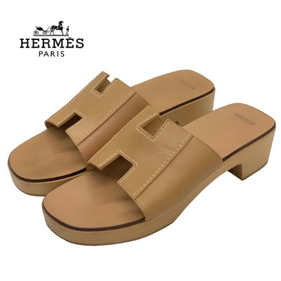 Hermes Kebral Sandals Shoes Leather Wood Brown Mules