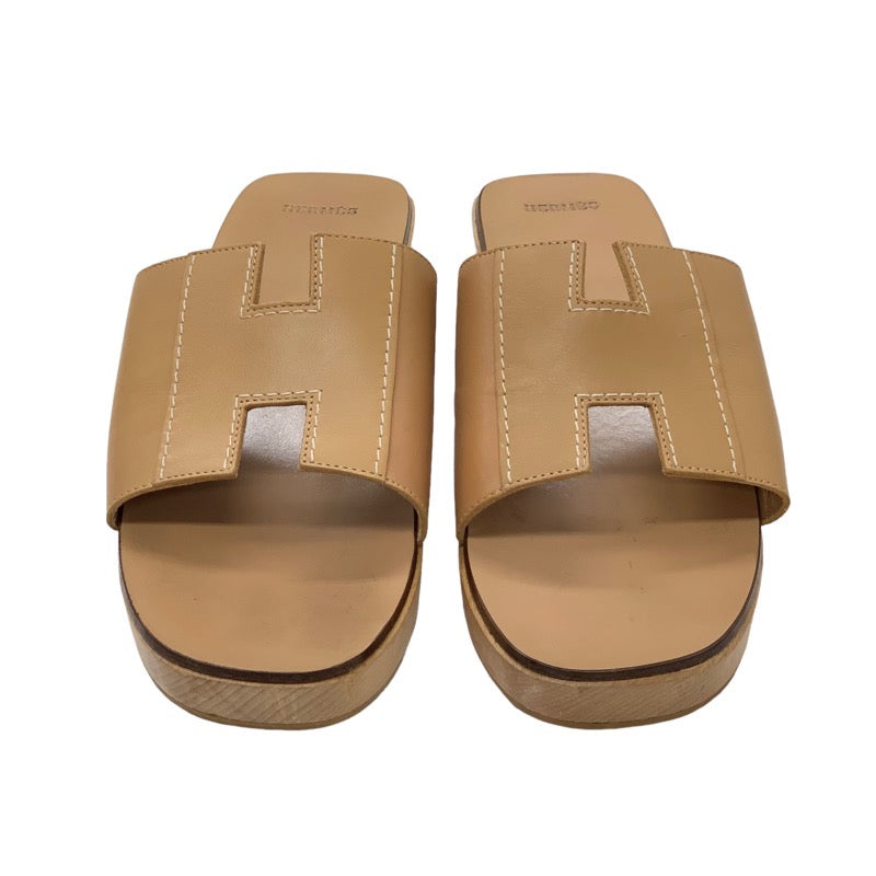 Hermes Kebral Sandals Shoes Leather Wood Brown Mules