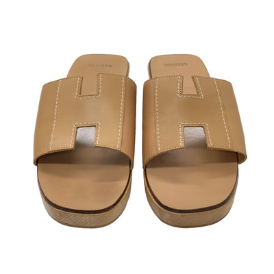 Hermes Kebral Sandals Shoes Leather Wood Brown Mules