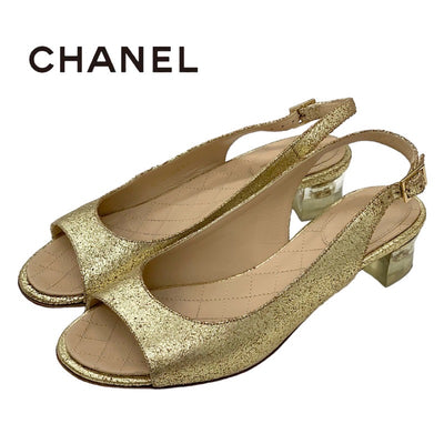 Chanel Sandals, Shoes, Leather, Gold, Slingback, Coco Mark, Clear Heel