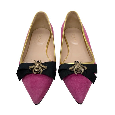 グッチ GUCCI フラットシューズ 靴 シューズ スエード ピンク系 ブラック フラットパンプス bee リボン