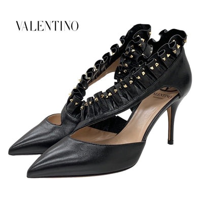 Valentino Pumps, Shoes, Leather, Black, Gold, Rock Studs, Frills