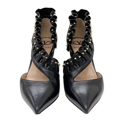 Valentino Pumps, Shoes, Leather, Black, Gold, Rock Studs, Frills