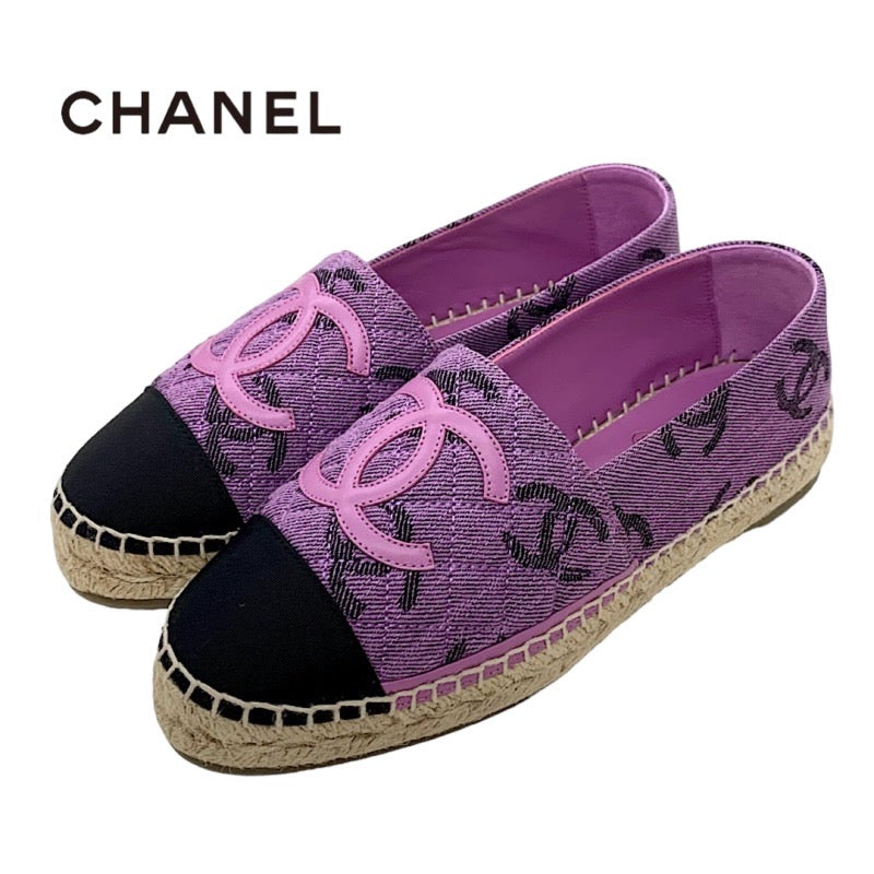 シャネル CHANEL フラットシューズ 靴 シューズ キャンバス レザー パープル ブラック ココマーク エスパドリーユ