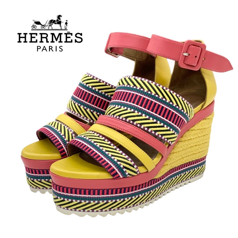 Hermes Rome Sandals Shoes Leather Fabric Yellow Pink Multicolor Espadrille Wedge Sole