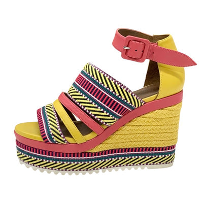 Hermes Rome Sandals Shoes Leather Fabric Yellow Pink Multicolor Espadrille Wedge Sole