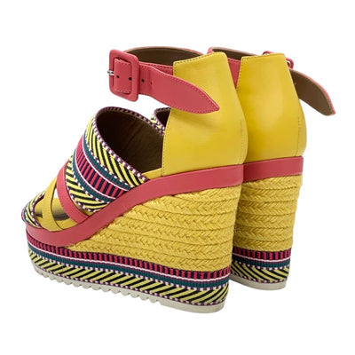 Hermes Rome Sandals Shoes Leather Fabric Yellow Pink Multicolor Espadrille Wedge Sole