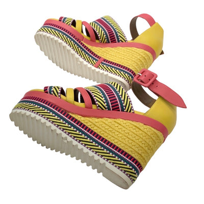 Hermes Rome Sandals Shoes Leather Fabric Yellow Pink Multicolor Espadrille Wedge Sole