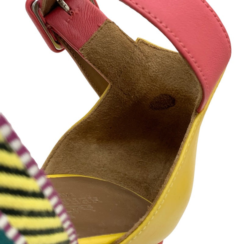 Hermes Rome Sandals Shoes Leather Fabric Yellow Pink Multicolor Espadrille Wedge Sole