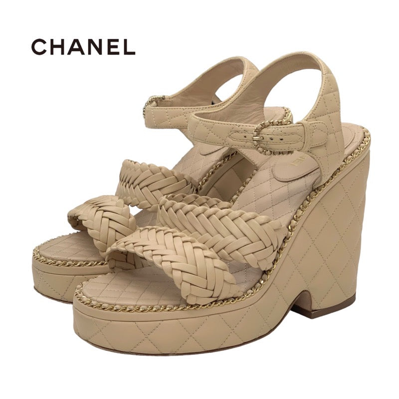 Chanel Sandals, Shoes, Leather, Beige, Gold, Braided, Coco Mark Matelasse Chain