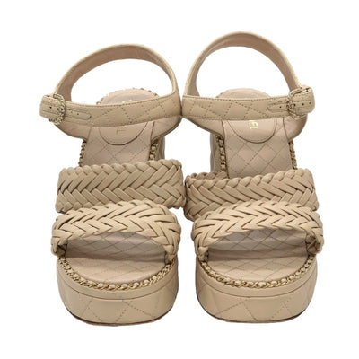 Chanel Sandals, Shoes, Leather, Beige, Gold, Braided, Coco Mark Matelasse Chain