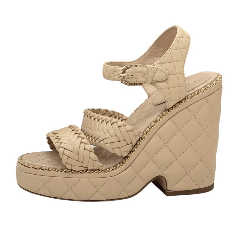 Chanel Sandals, Shoes, Leather, Beige, Gold, Braided, Coco Mark Matelasse Chain