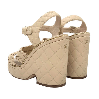 Chanel Sandals, Shoes, Leather, Beige, Gold, Braided, Coco Mark Matelasse Chain