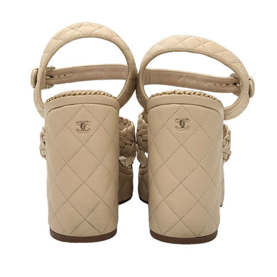 Chanel Sandals, Shoes, Leather, Beige, Gold, Braided, Coco Mark Matelasse Chain