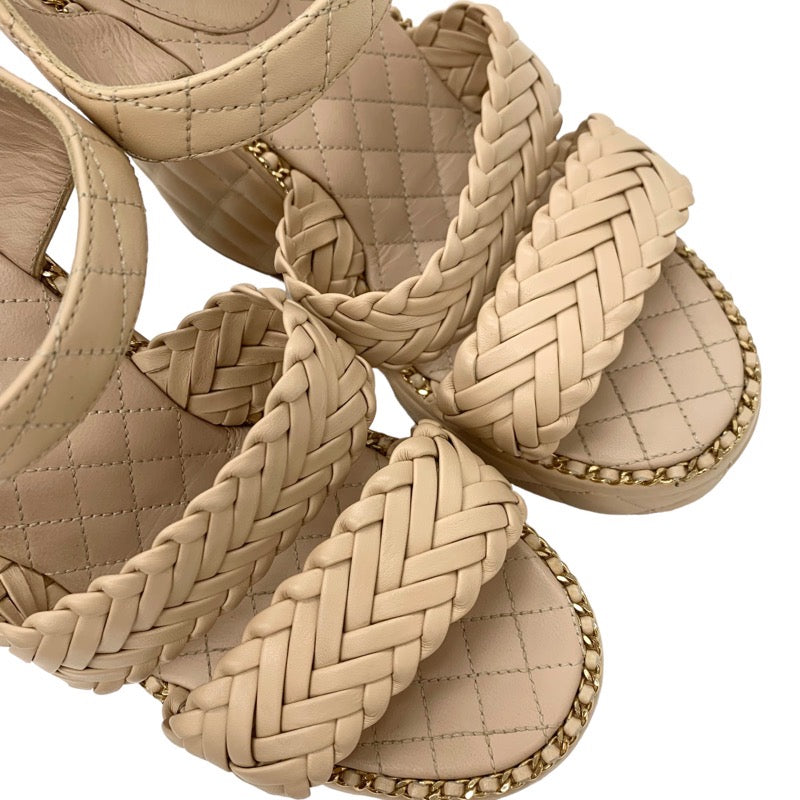 Chanel Sandals, Shoes, Leather, Beige, Gold, Braided, Coco Mark Matelasse Chain