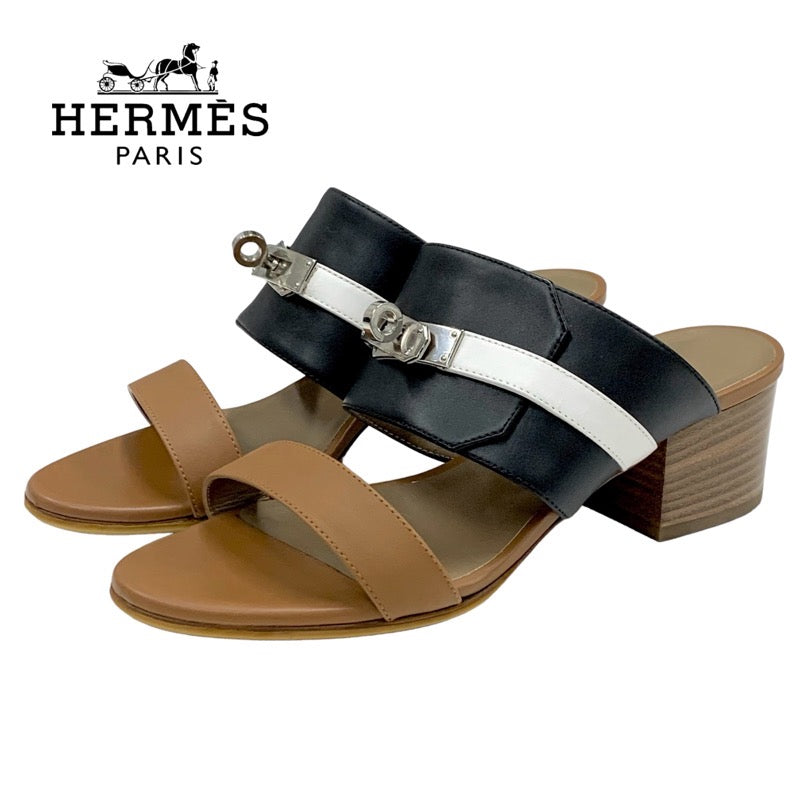 Hermes Ovasion Sandals Shoes Leather Brown Black White Kelly Metal Fittings Mule