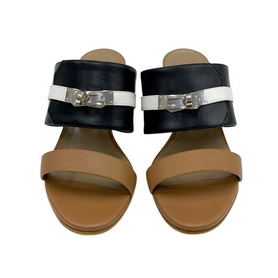 Hermes Ovasion Sandals Shoes Leather Brown Black White Kelly Metal Fittings Mule