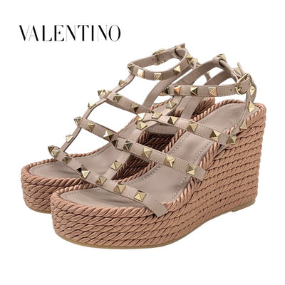 Valentino Sandals, Shoes, Leather, Pink Beige, Gold, Rock Studs, Wedge Sole