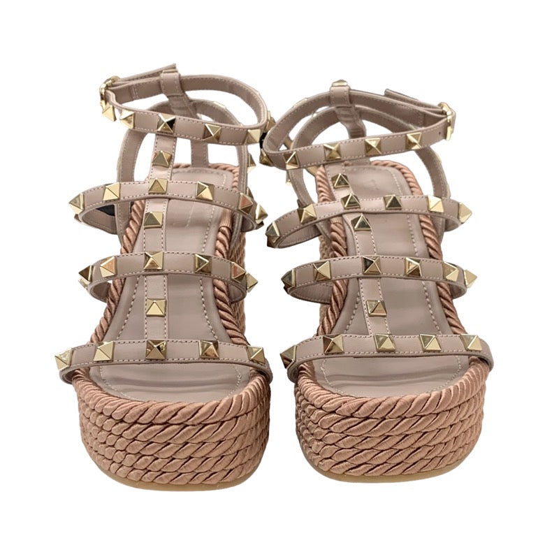 Valentino Sandals, Shoes, Leather, Pink Beige, Gold, Rock Studs, Wedge Sole