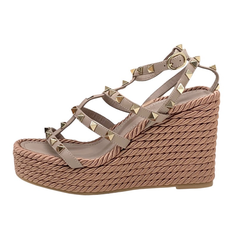 Valentino Sandals, Shoes, Leather, Pink Beige, Gold, Rock Studs, Wedge Sole