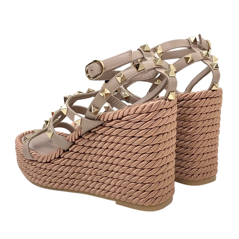 Valentino Sandals, Shoes, Leather, Pink Beige, Gold, Rock Studs, Wedge Sole