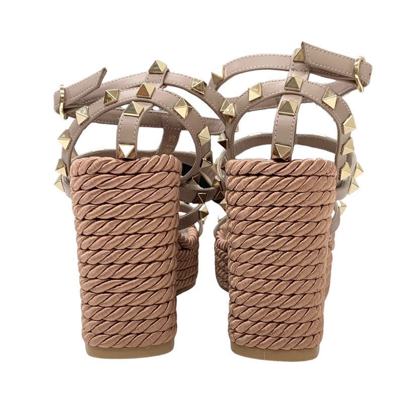 Valentino Sandals, Shoes, Leather, Pink Beige, Gold, Rock Studs, Wedge Sole