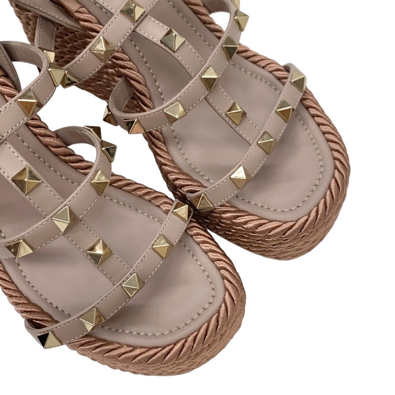 Valentino Sandals, Shoes, Leather, Pink Beige, Gold, Rock Studs, Wedge Sole