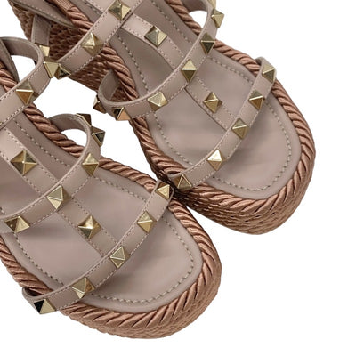 Valentino Sandals, Shoes, Leather, Pink Beige, Gold, Rock Studs, Wedge Sole