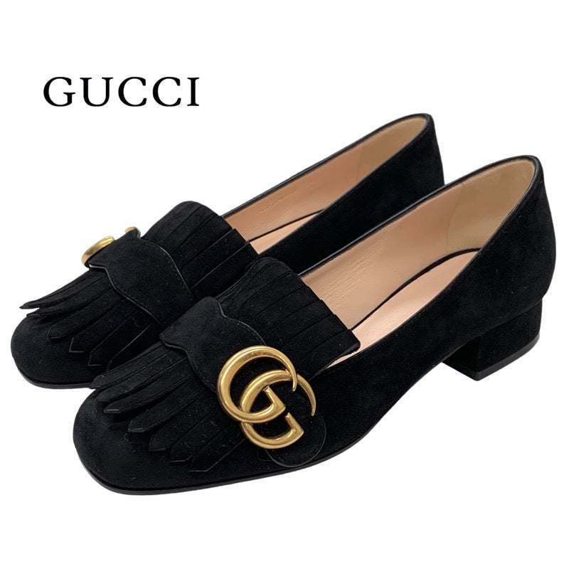 未使用 グッチ GUCCI ダブルG GGマーモント パンプス 靴 シューズ フリンジ スエード ブラック 黒