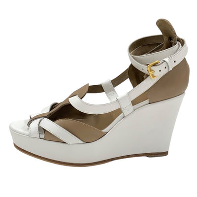 Hermes Sandals, Shoes, Leather, White, Brown, Wedge Sole, Strap