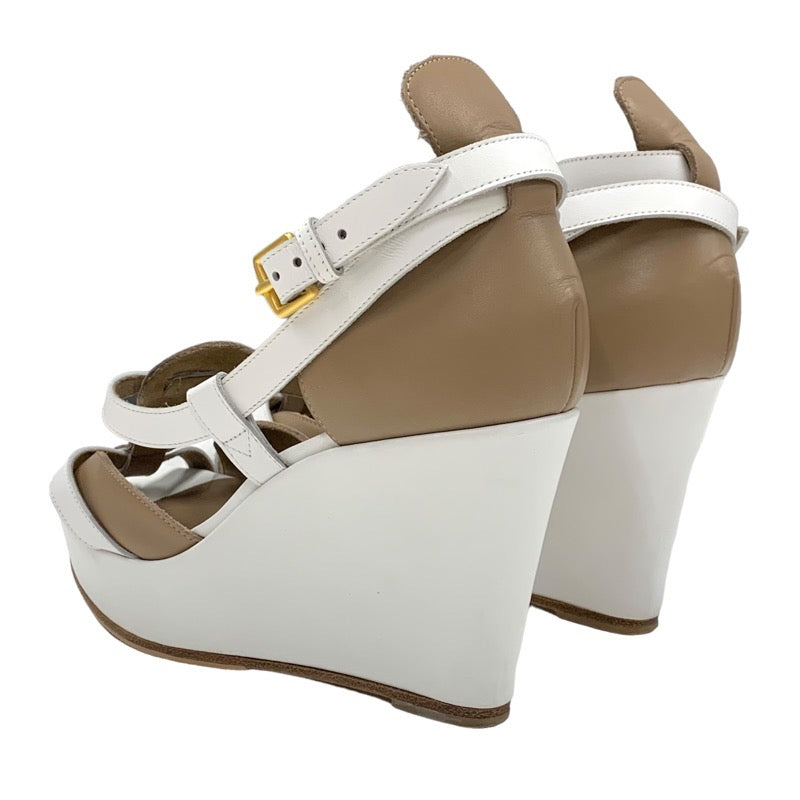 Hermes Sandals, Shoes, Leather, White, Brown, Wedge Sole, Strap