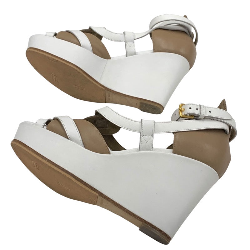 Hermes Sandals, Shoes, Leather, White, Brown, Wedge Sole, Strap