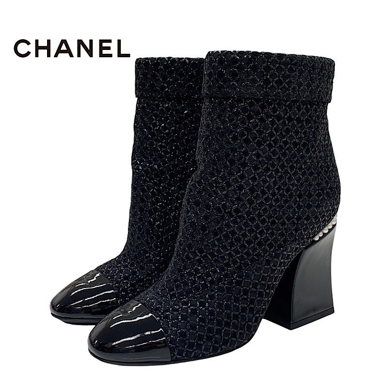 シャネル CHANEL ブーツ ショートブーツ 靴 シューズ ファブリック パテント ブラック 黒 ココマーク パール