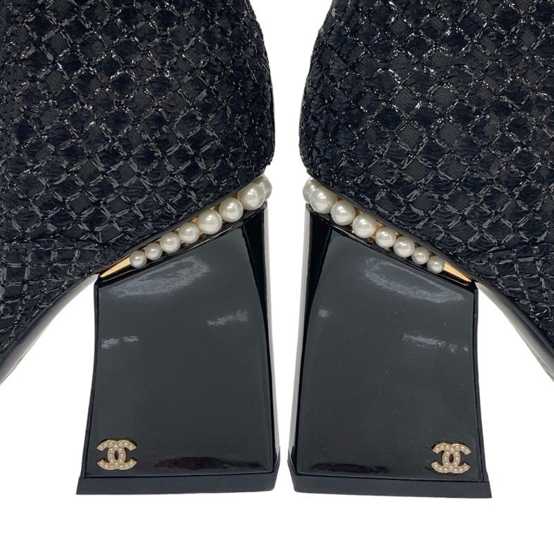 シャネル CHANEL ブーツ ショートブーツ 靴 シューズ ファブリック パテント ブラック 黒 ココマーク パール