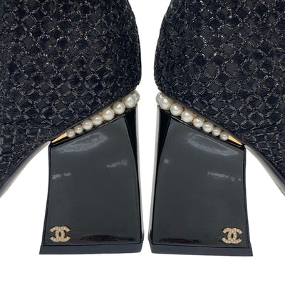 シャネル CHANEL ブーツ ショートブーツ 靴 シューズ ファブリック パテント ブラック 黒 ココマーク パール