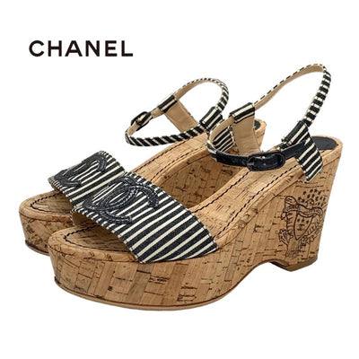 Chanel Sandals Shoes Fabric Cork Black White Coco Mark Stripe Wedge Sole