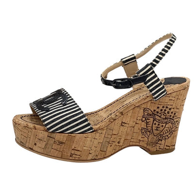 Chanel Sandals Shoes Fabric Cork Black White Coco Mark Stripe Wedge Sole