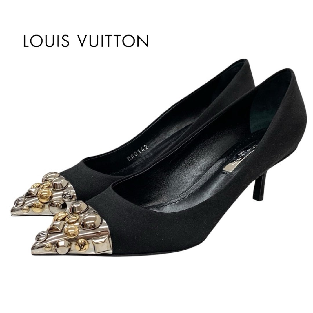 Louis Vuitton Pumps Shoes Satin Black Silver Gold Unused Stud Metallic Toe