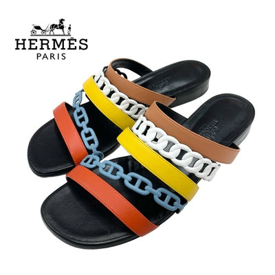 Hermes HERMES Sandals Shoes Leather Multicolor Flat Sandals Mules Chaine Dunkel