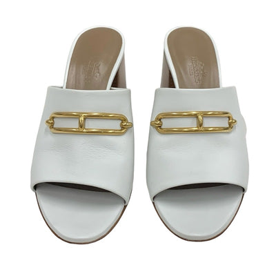 Hermes Camila Sandals Shoes Leather White Gold Mules Luri Buckle