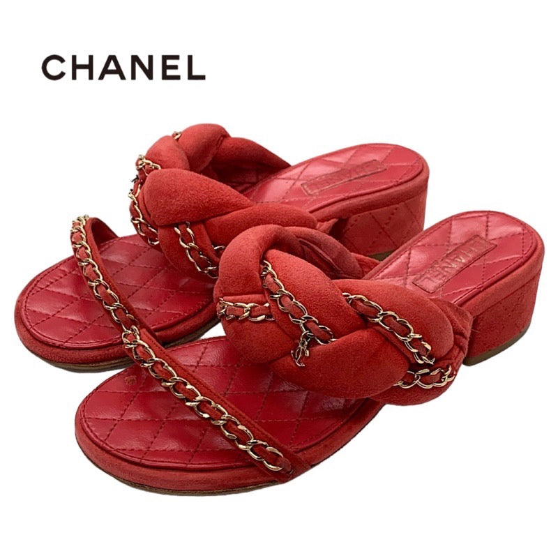 Chanel CHANEL Sandals Shoes Suede Red Gold Mule Chain Coco Mark