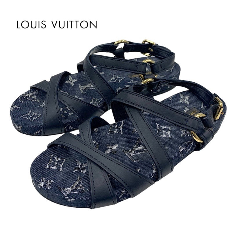 LOUIS VUITTON Ocean Line Monogram Sandals Shoes Leather Denim Navy Flat Sandals