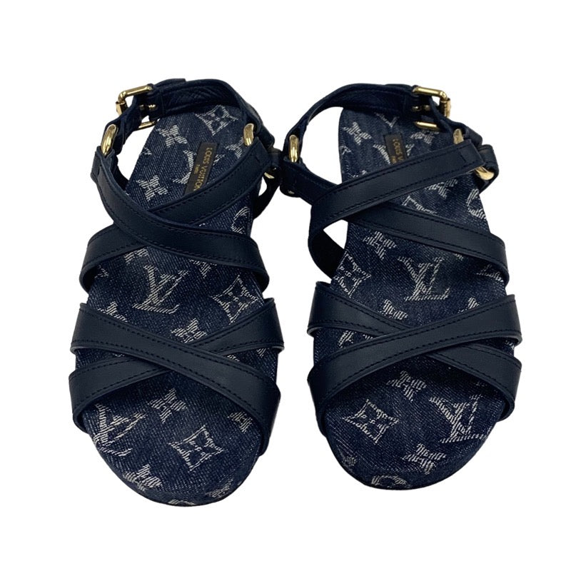 ルイヴィトン LOUIS VUITTON オーシャンライン モノグラム サンダル 靴 シューズ レザー デニム ネイビー フラットサンダル