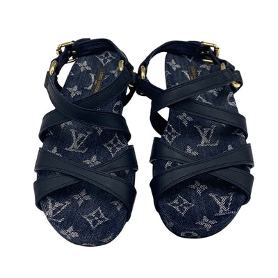 LOUIS VUITTON Ocean Line Monogram Sandals Shoes Leather Denim Navy Flat Sandals