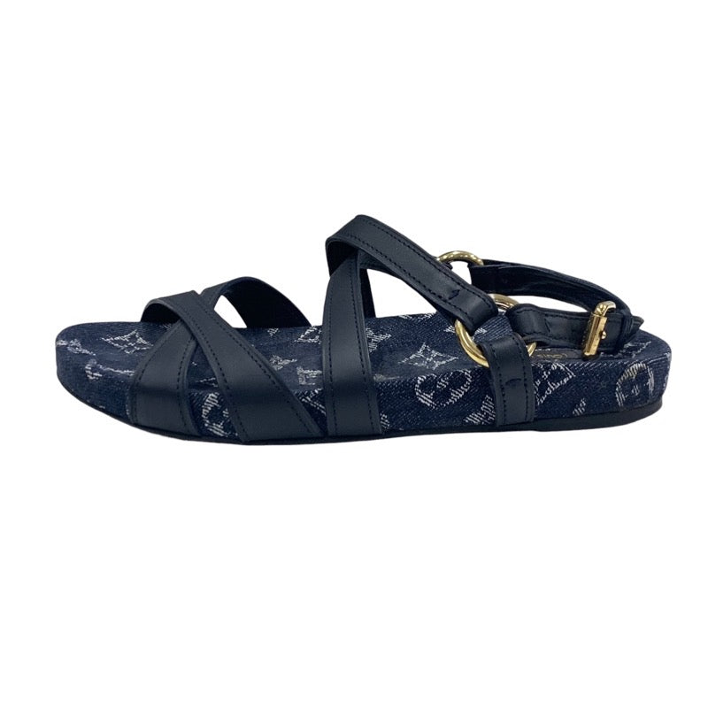 LOUIS VUITTON Ocean Line Monogram Sandals Shoes Leather Denim Navy Flat Sandals