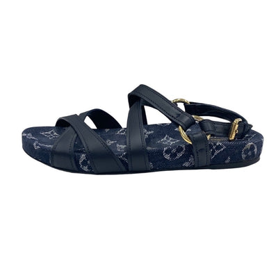 LOUIS VUITTON Ocean Line Monogram Sandals Shoes Leather Denim Navy Flat Sandals